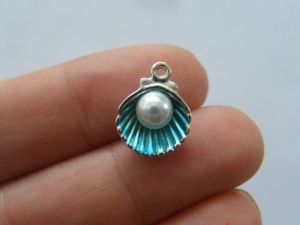 6 Pearl in oyster shell blue charms silver tone FF392