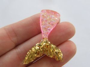 6 Mermaid tail embellishment glitter pink gold resin FF515