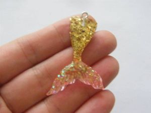 4 Mermaid tail pendants pink and gold glitter resin  FF396