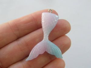 4 Mermaid tail pendants blue pink resin silver screw bails FF640
