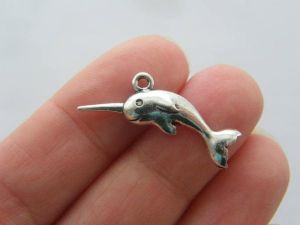 6 Narwhal whale charms antique silver tone FF410
