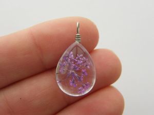 2 Dried flower purple glass pendants F280