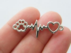 4 Heart rate beat heart paw print connector charms silver tone A995