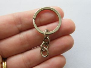 6 Key rings 25mm with 25mm chain silver tone FS305