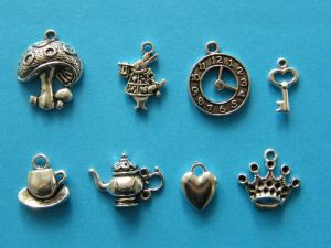 The Alice in Wonderland Collections - 8 different antique silver tone charms
