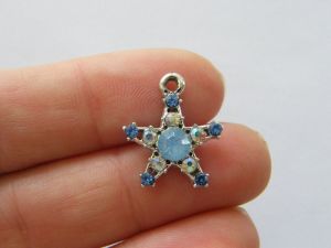 2 Star blue rhinestone pendants silver tone S138
