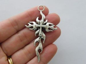 2 Cross flame charms antique silver tone C118
