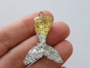 4 Mermaid tail gold and silver glitter pendants resin FF561