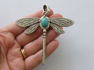 1 Dragonfly pendant blue green antique silver tone BFM18