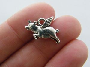 8 Flying pig charms antique silver tone A1030