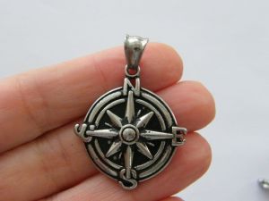 1 Compass pendant antique silver tone stainless steel ff557