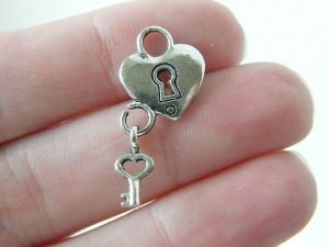 8 Heart lock and key charms antique silver tone H81