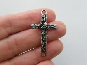 1 Rose cross connector charm antique silver tone stainless steel C56