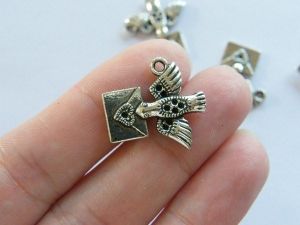 12 Homing pigeon carrying love letter charms antique silver tone B65