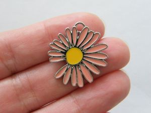 4 Flower charms peach and yellow silver tone F165