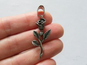 1 Rose flower pendant antique silver tone stainless steel F322