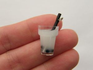 8 White bubble tea cocktail plastic cup  black straw charms resin FD185