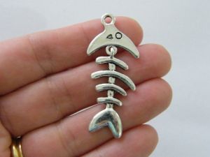 2 Fish bone dangle pendants  antique silver tone FF20