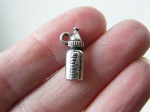 14 Baby bottle charms antique silver tone P573