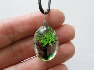 1 Tree green scenery glass pendant black cord necklace T79