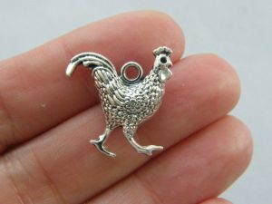 6 Chicken rooster charms antique silver tone B182