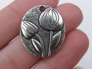 6 Tulip flower pendants antique silver tone F11