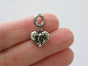 1 Heart footprints baby charm with bail dark silver tone stainless steel P168