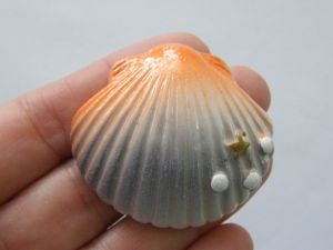 4 Large scallop shell embellishment cabochons orange grey resin FF