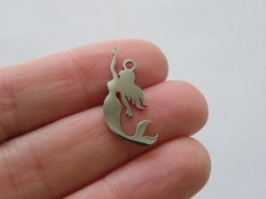 2 Mermaid siren pendants silver tone stainless steel FF332