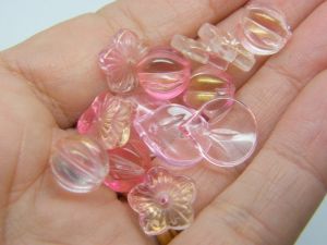 30 Flower leaf charms beads pink gold glitter dust mixed glass AB292