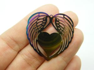 4 Angel wing heart pendant  purple blue multi colour stainless steel AW14
