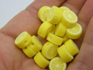 30 Lemon slice beads yellow white polymer clay FD605