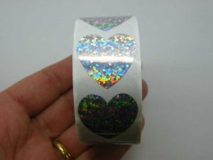 1 Roll 500 silver glitter heart stickers G01