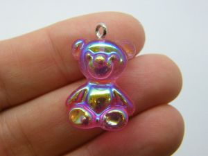 6 Fuchsia pink teddy bear pendants AB resin P544