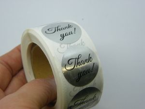 1 Roll Thank you ! words silver black 500 stickers