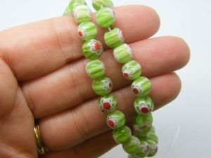 46 Millefiori beads round flower green 8mm glass B273