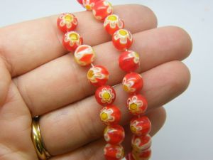 46 Millefiori beads round flower red white yellow 8mm glass B273