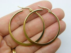 2 Stainless steel earring hoops 39mm golden colour tone 19G