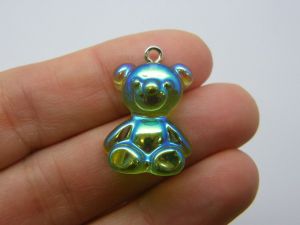 6 Green teddy bear pendants AB resin P610