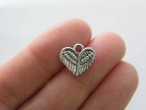 10 Angel wing heart charms antique silver tone AW177