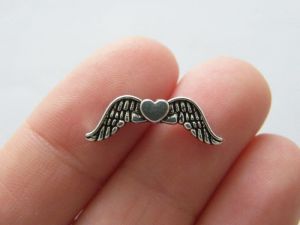 12 Angel wing heart spacer beads antique silver tone AW90