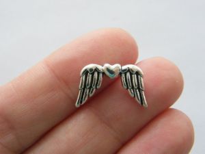 12 Angel wing heart bead antique silver tone AW94