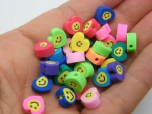 30 Heart face beads random mixed polymer clay H34 - SALE 50% OFF
