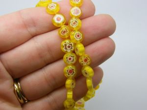 48 Millefiori beads flat round flower yellow white red 8mm glass B113