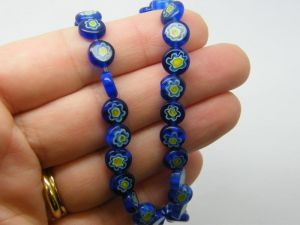 52 Millefiori beads flat round flower royal blue 8mm glass B113