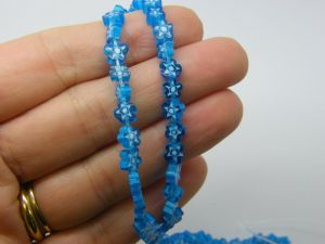 74 Millefiori beads flat flowers lake blue  white 6mm glass B291