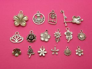 The Flower Collection - 16 different antique silver tone charms