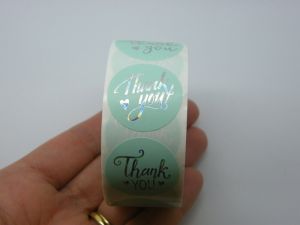 1 Roll thank you heart silver light teal 500 stickers