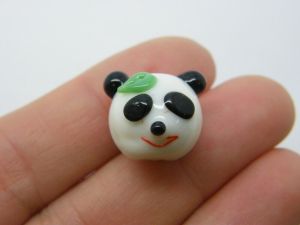 1 Panda face bead white black green hand made lamp work glass A27