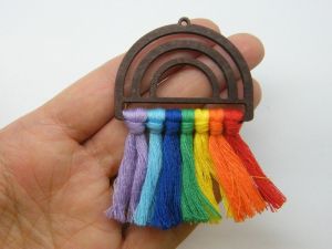 2 Rainbow tassel pendants brown wood M77